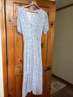 Faithfull the Brand White and Blue Floral V-Neck Maxi Dress